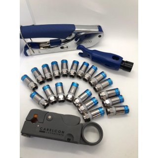 Cabelcon Set Bestehend aus Kompressionszange Pocket Tool + Cable Stripper + 20St&uuml;ck F-56-CX3 5,1 +  Abisolierger&auml;t Cabelcon Rotary Coax Cable Stripper grau